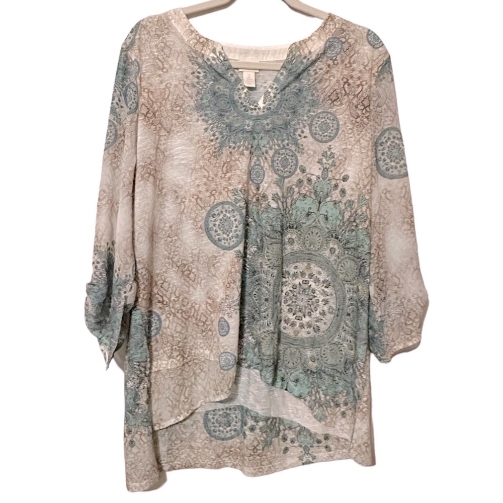 Chico’s Crisp Corley Medallion Shirt 2/US Large Bohemian Resort Artsy Flowy
